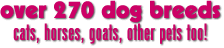 over 270 dog breeds, 36 cat breeds, 13 horse breeds, goats, and many many others
